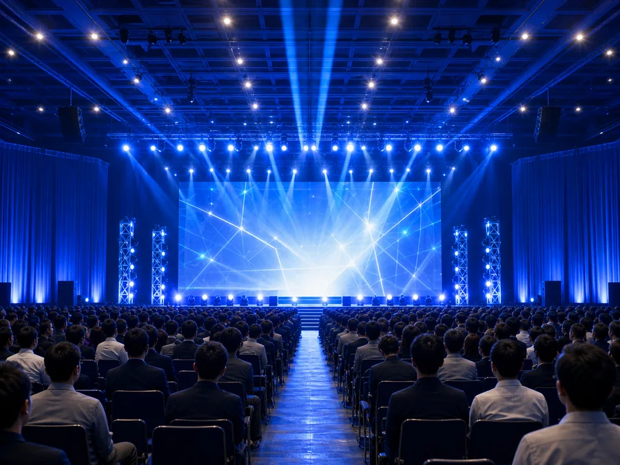 青い照明のステージを会場で見る参加イメージ